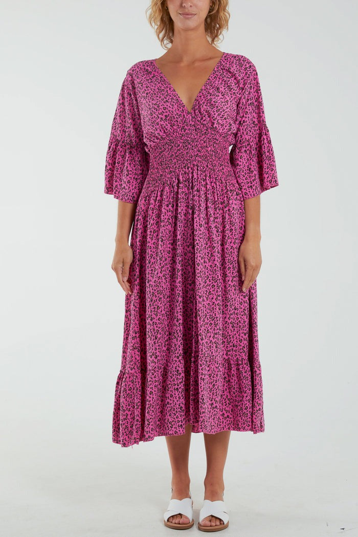 Leopard Print Shirred Bodice Midi Dress Hot Pink