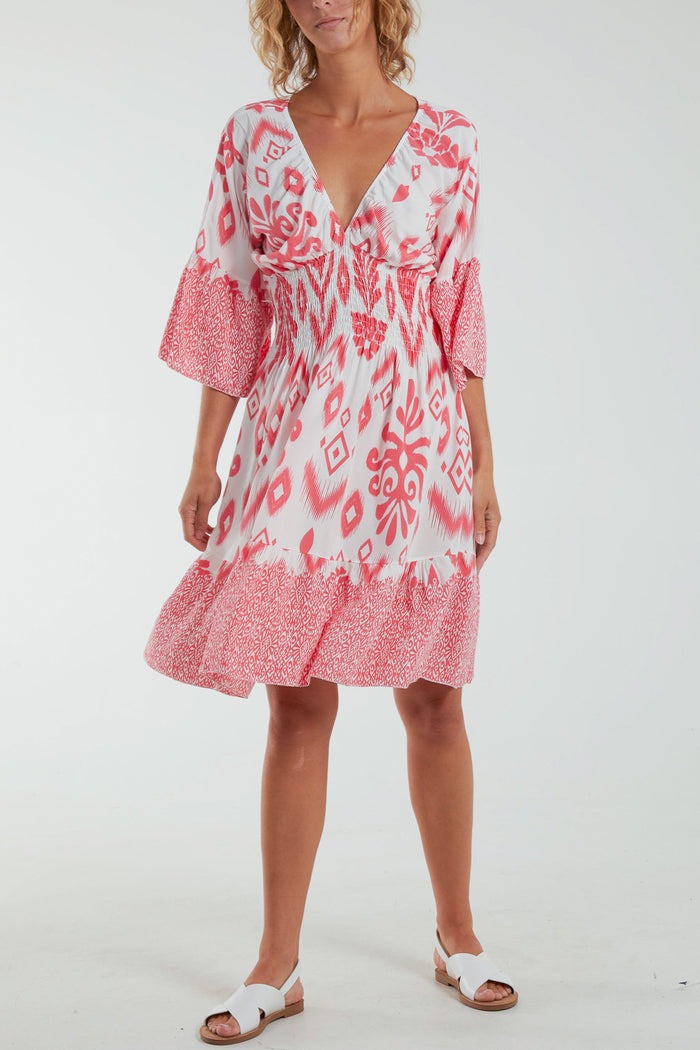 Baroque Shirred Bodice Midi Dress Coral