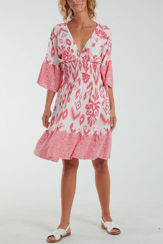 Baroque Shirred Bodice Midi Dress Coral