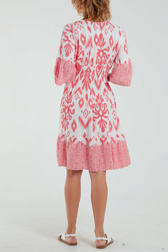 Baroque Shirred Bodice Midi Dress Coral