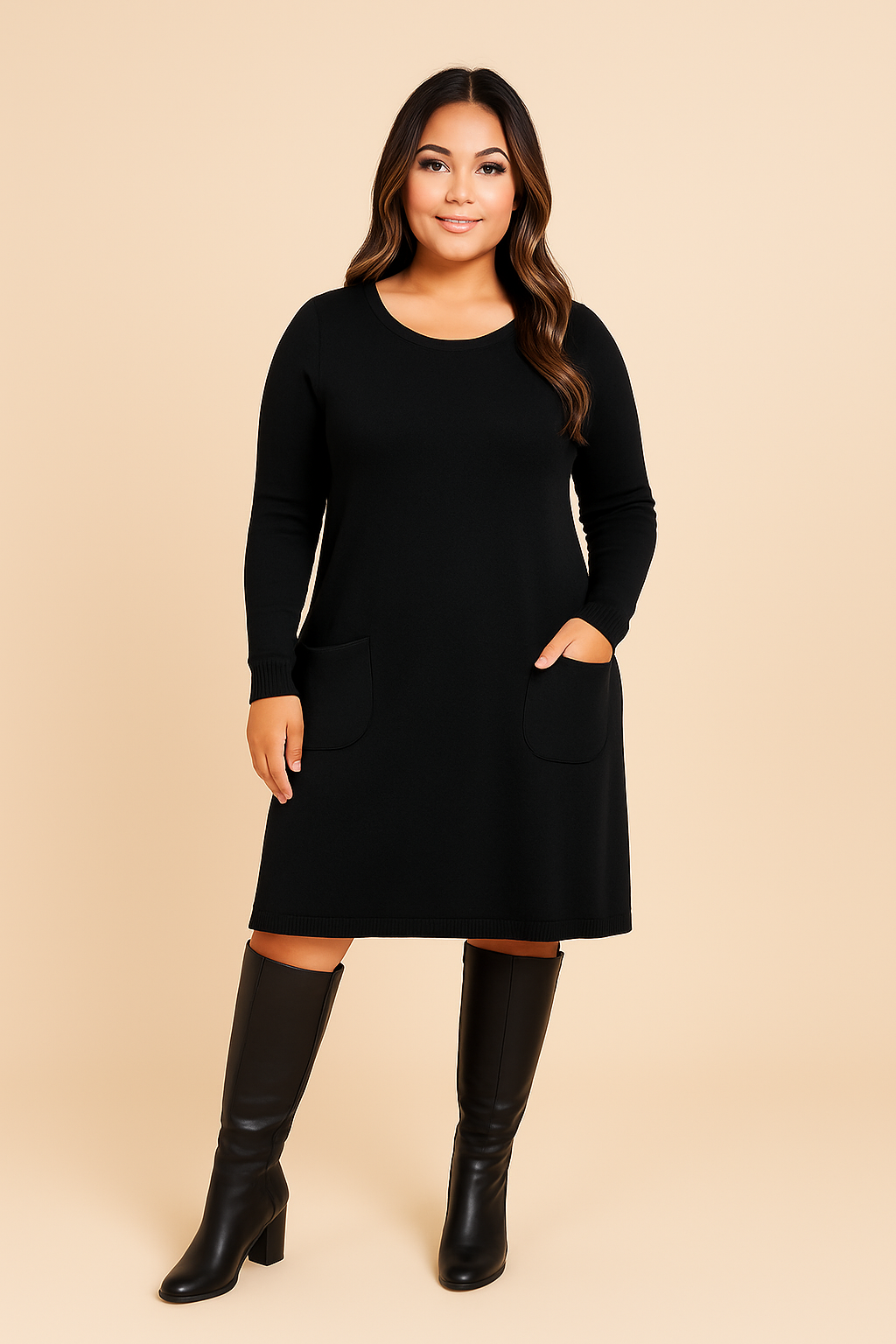 Scoop Neck Two Pocket Knitted Dress - Black