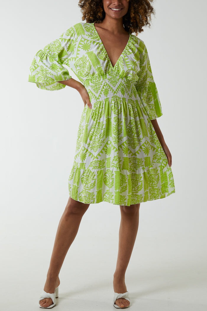 Damask Floral Shirred Bodice Dress Lime