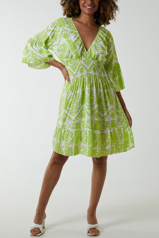 Damask Floral Shirred Bodice Dress Lime