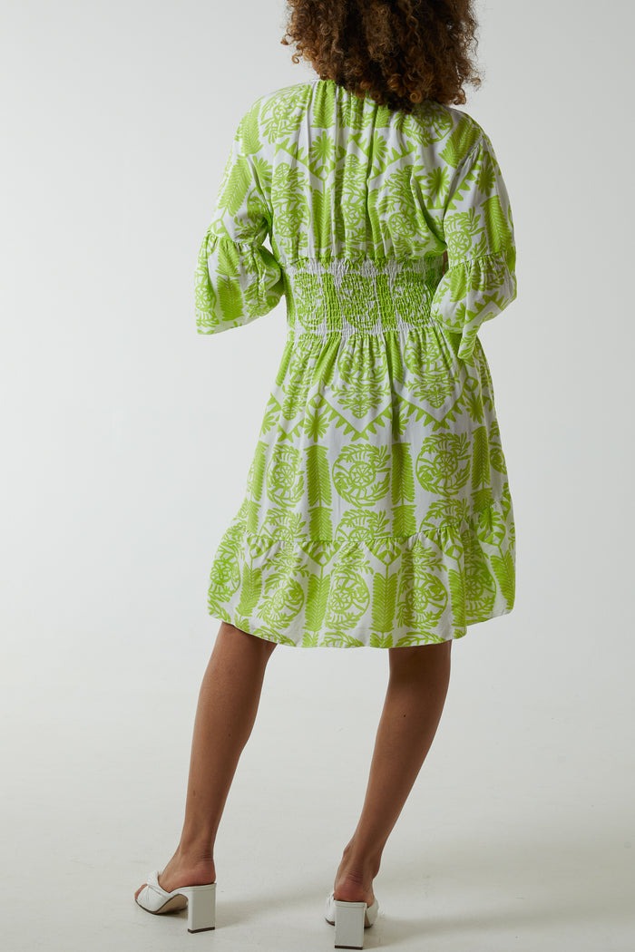 Damask Floral Shirred Bodice Dress Lime
