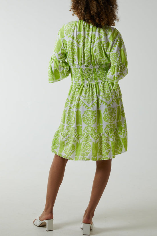 Damask Floral Shirred Bodice Dress Lime