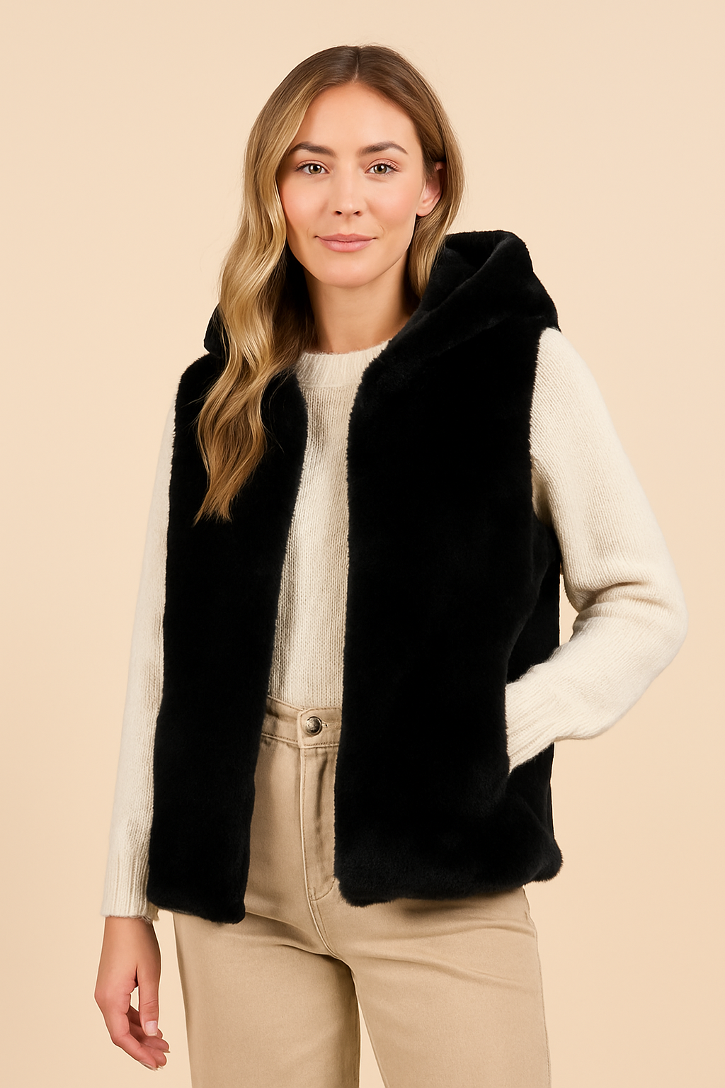 Faux Fur Hooded Gilet Jacket- Black