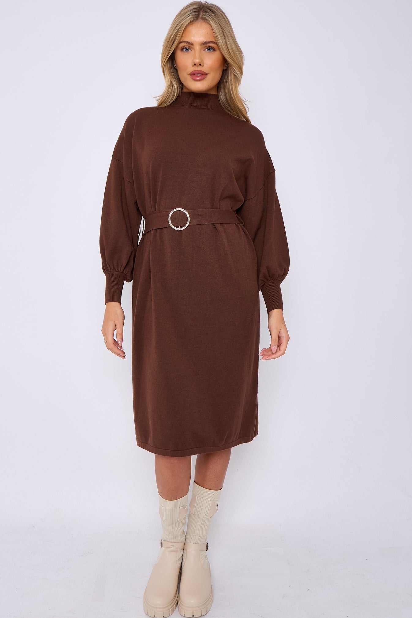 Diamante Buckled Puff Sleeves Knitted Dress - Chocolate