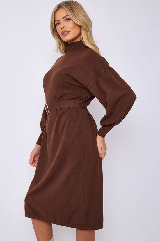 Diamante Buckled Puff Sleeves Knitted Dress - Chocolate