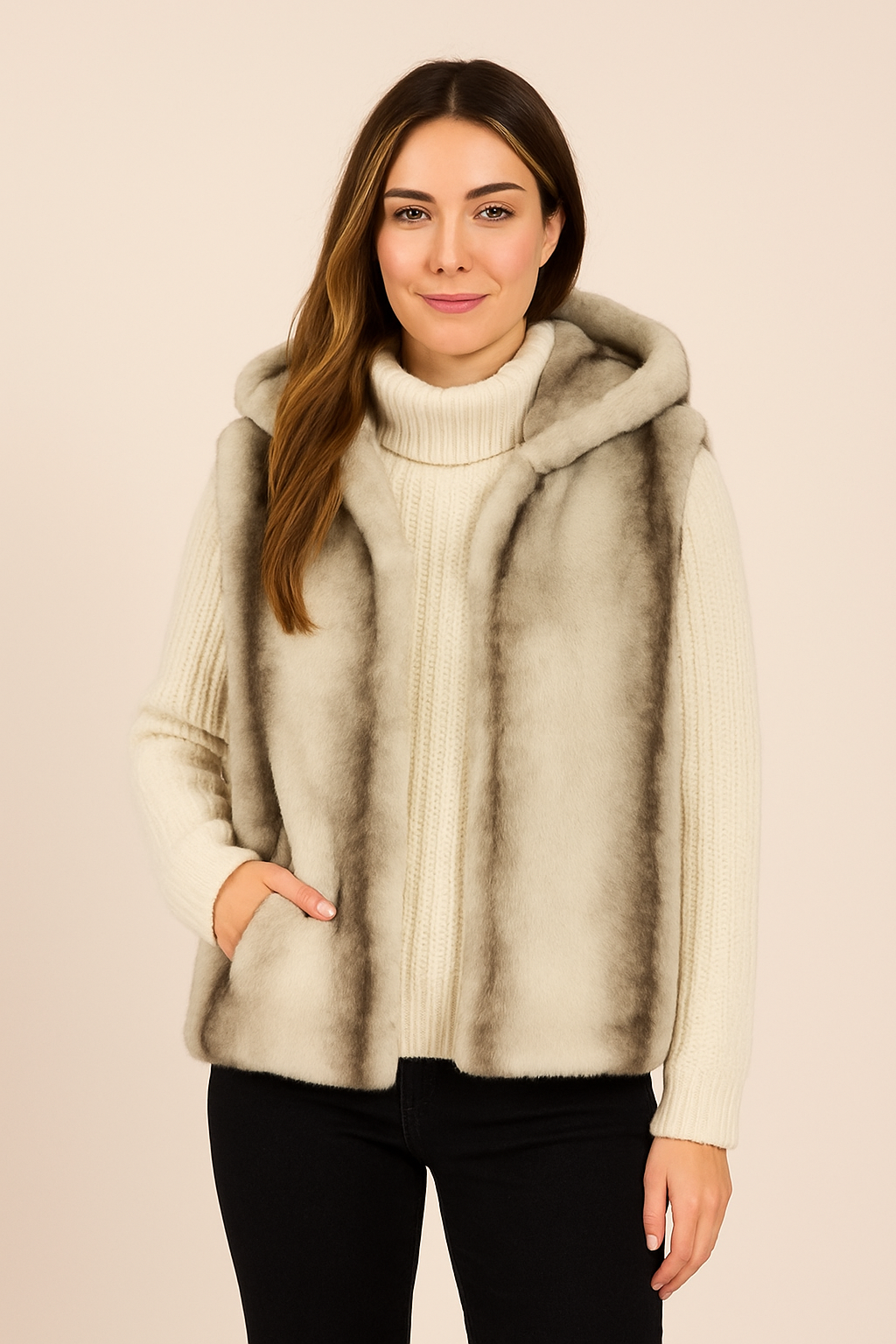 Luxe Faux Fur Hooded Gilet - Chocolate/Cream