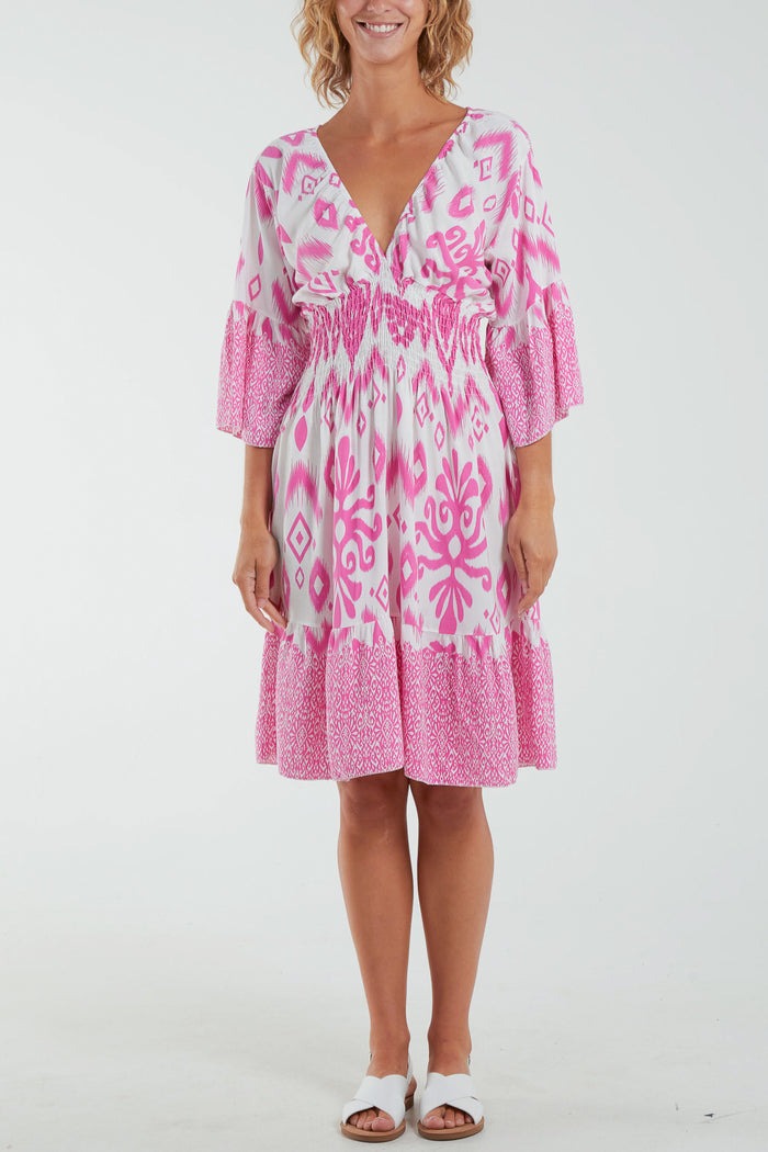 Baroque Shirred Bodice Midi Dress Hot Pink