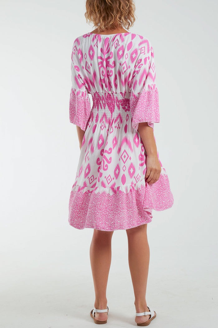 Baroque Shirred Bodice Midi Dress Hot Pink