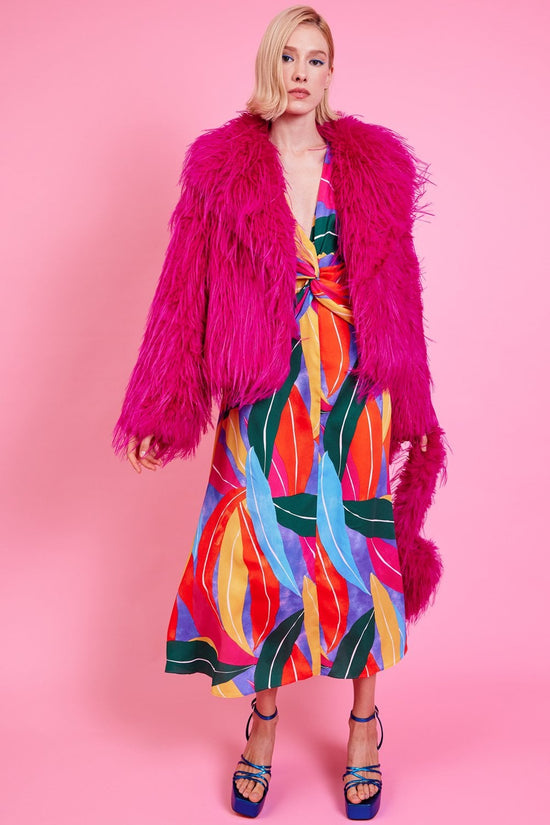 KNCHJ615A-06H - Knitted Bamboo Faux Mongolian Fur Jacket Hot Pink