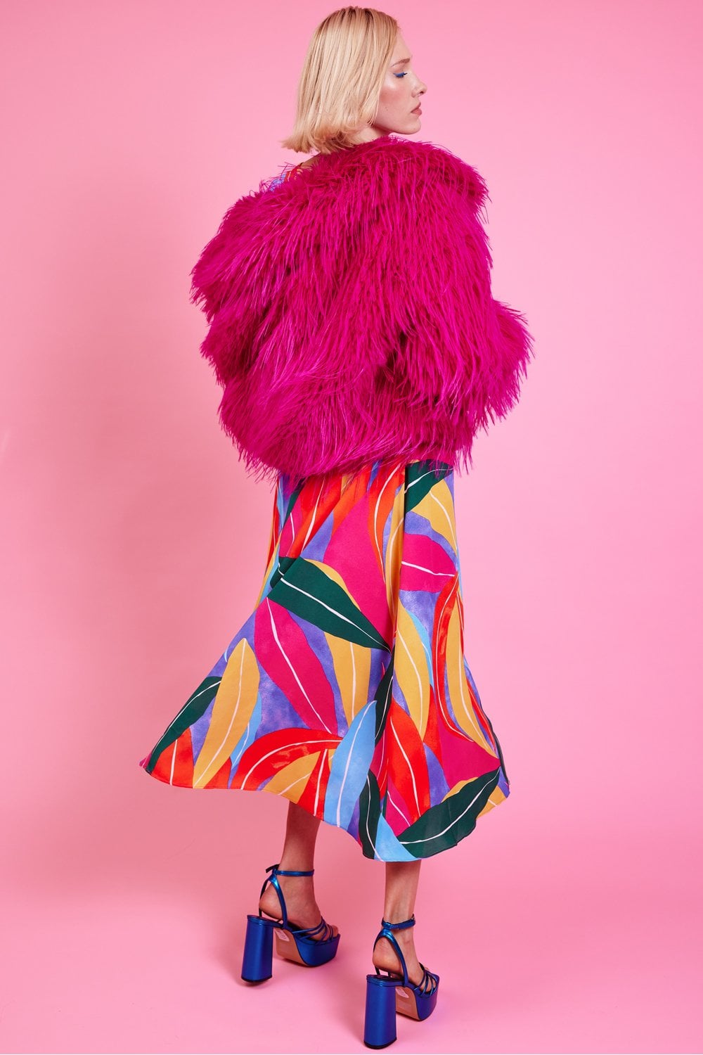 KNCHJ615A-06H - Knitted Bamboo Faux Mongolian Fur Jacket Hot Pink