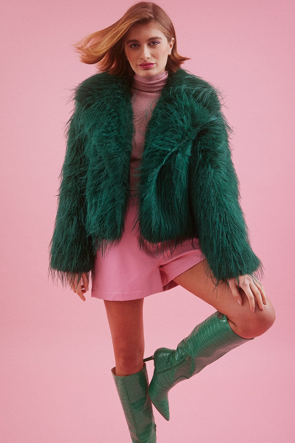 KNCHJ615A-07L - Knitted Bamboo Faux Mongolian Fur Jacket