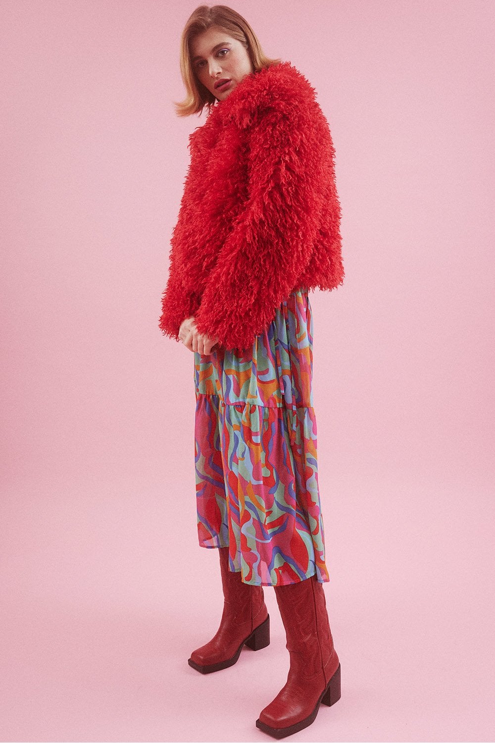 FMBKN475A-08 - Bamboo Lyocell Knitted Vegan Faux Shearling Jacket Red