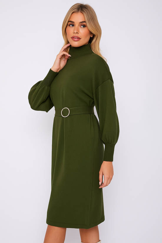 Diamante Buckled Puff Sleeves Knitted Dress - Khaki