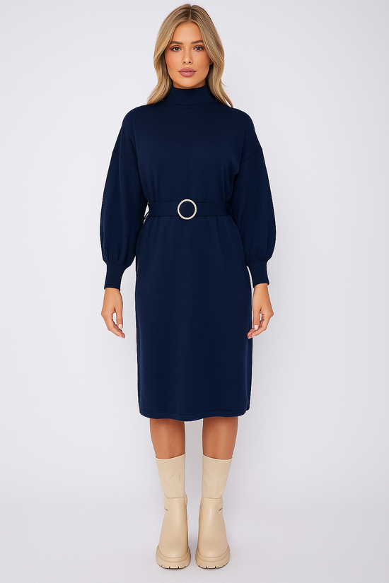 Diamante Buckled Puff Sleeves Knitted Dress - Navy