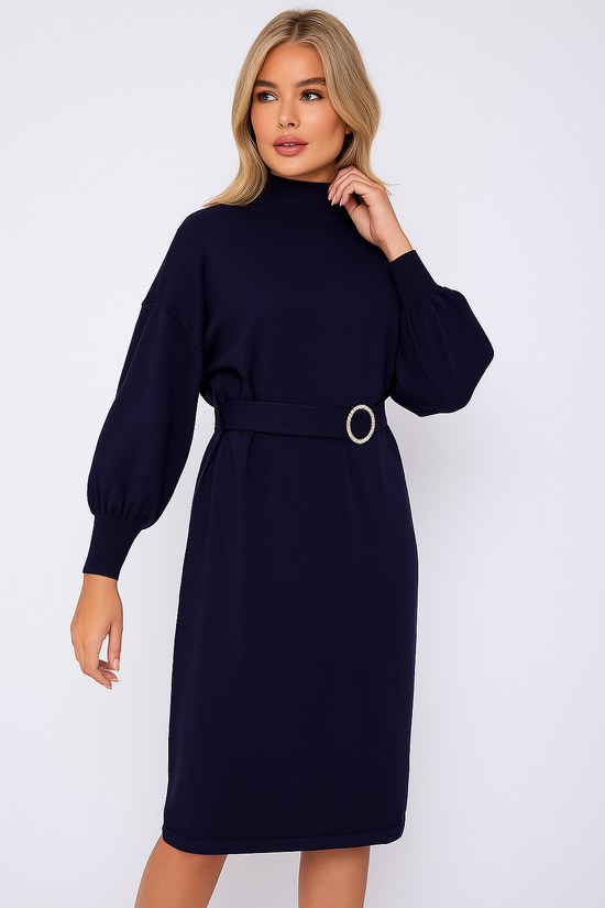 Diamante Buckled Puff Sleeves Knitted Dress - Navy