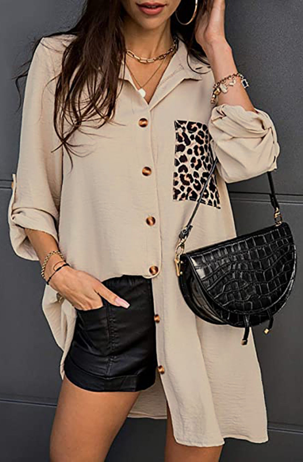 Dove Animal Print Pocket Oversized Shirt Dress-Stone