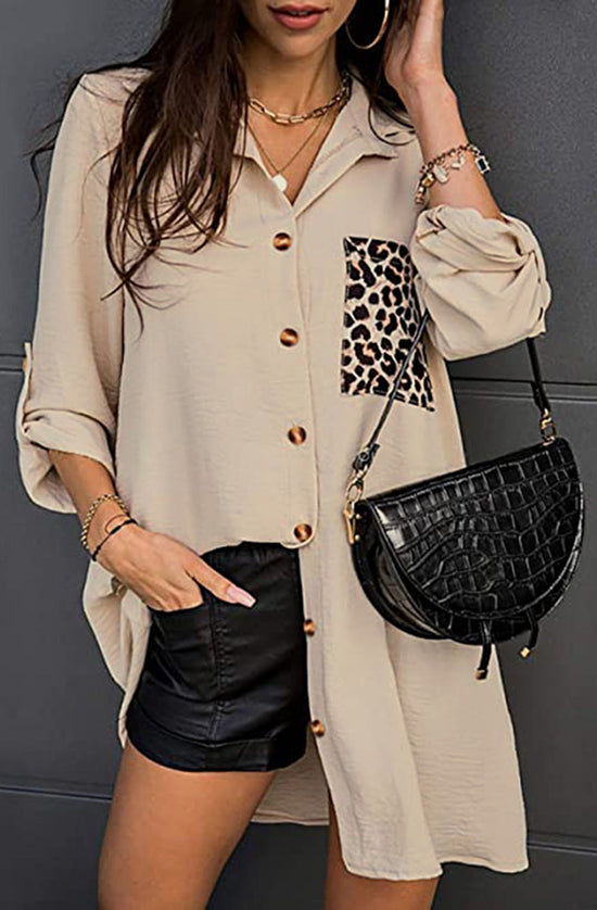 Dove Animal Print Pocket Oversized Shirt Dress-Stone