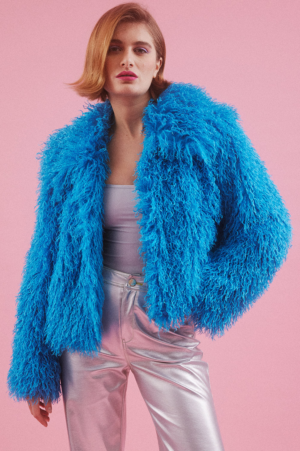 FMBKN475A-07H - Bamboo Lyocell Knitted Vegan Faux Shearling Jacket Blue