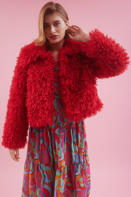 FMBKN475A-08 - Bamboo Lyocell Knitted Vegan Faux Shearling Jacket Red