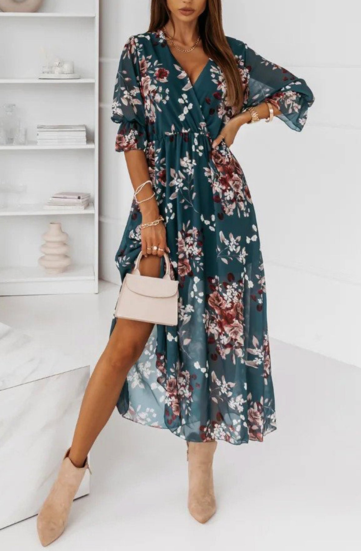 Mallorie Chiffon Floral Print Maxi Dress - Teal
