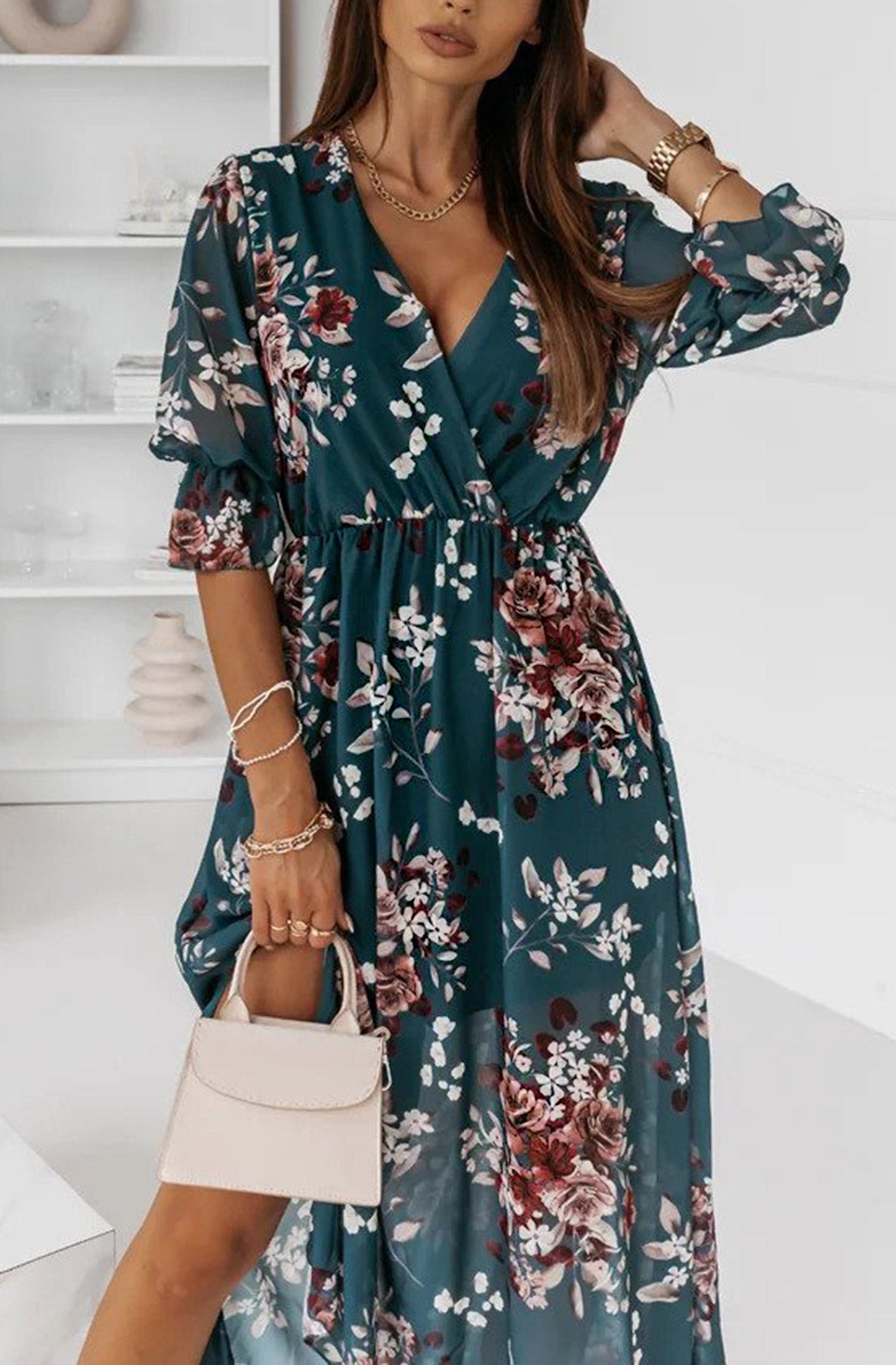 Mallorie Chiffon Floral Print Maxi Dress - Teal