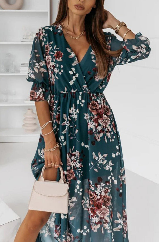 Mallorie Chiffon Floral Print Maxi Dress - Teal