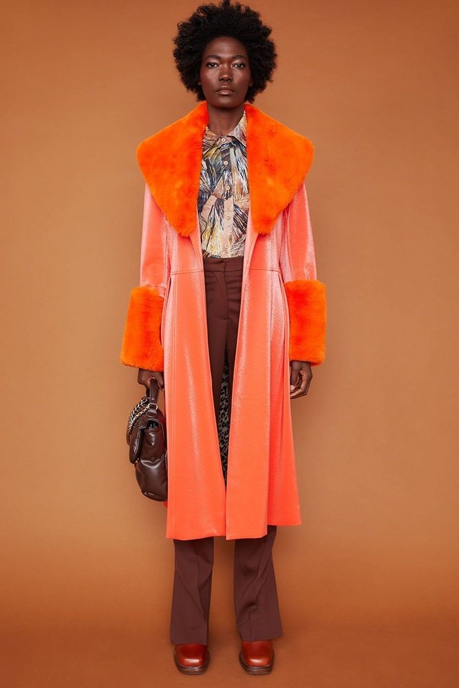 Jayley Orange Trench Style Belted Coat with Faux Fur Cuffs and Collar Jayley